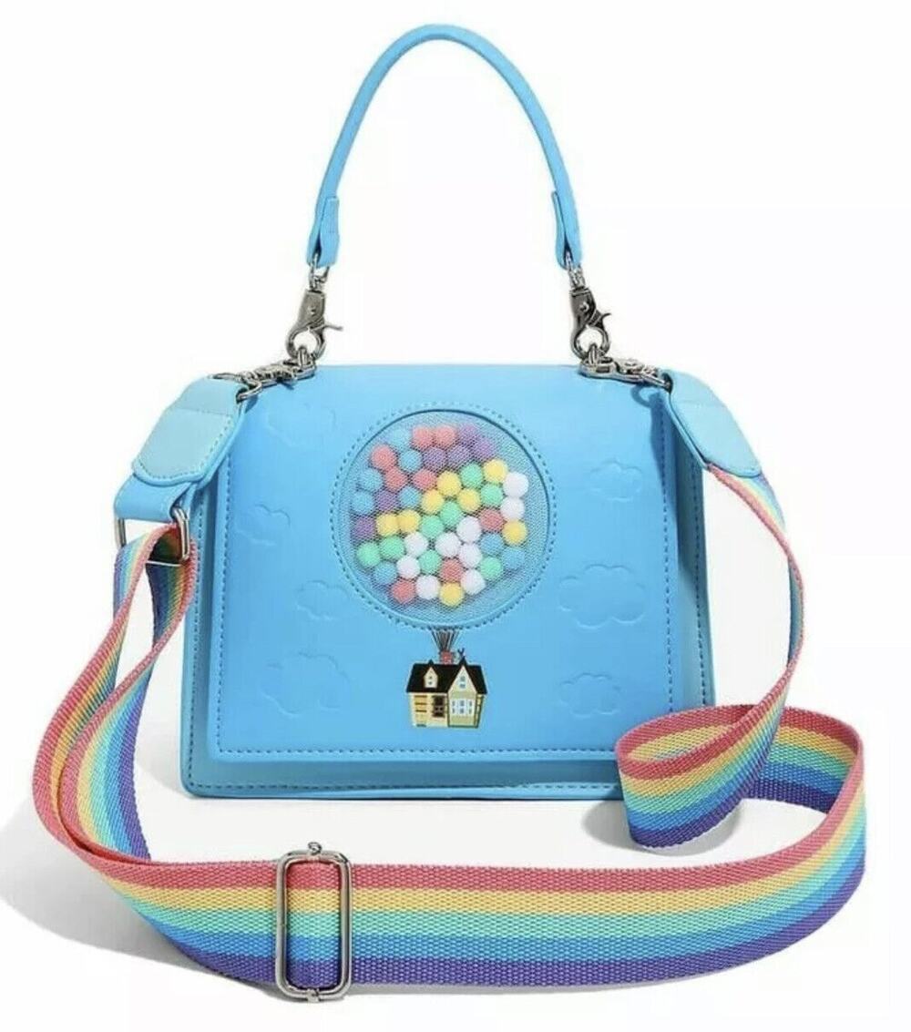Loungefly Disney Up Movie Balloons Crossbody Hand Bag Pom Poms Rainbow Strap NWT